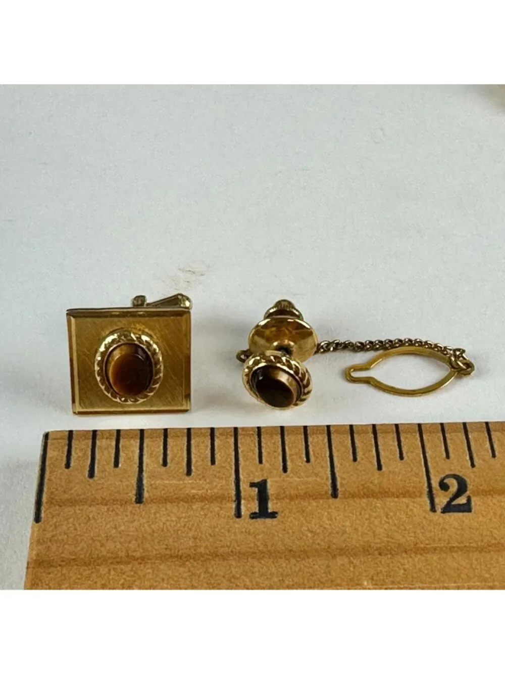 Vintage Gold Tone Cufflinks & Tie Tack Set With Tigers Eye Gemstone